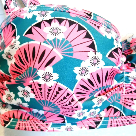 💚5/$25 Modcloth High Drive Pink Green Retro Print Bikini Bra Top Padded - Picture 4 of 7